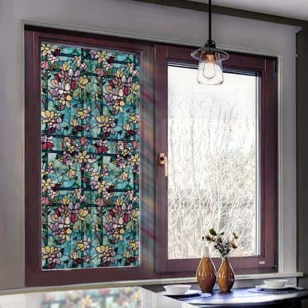Funlife Stained Glass Window Film, Winter Blue Magnolia 22.83"x118" Static Cling